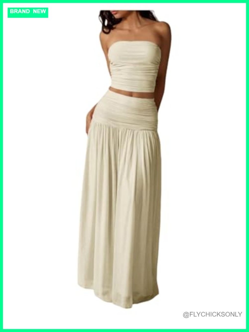 Women's 2 Piece Mesh Ruched Bandeau Top Maxi Skirt Set